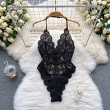 Female Sexy Lace Bodysuits Summer Sleeveless Halter Transparent Slim Rompers LadiesFrance Style Backless