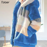 Women Jacket Autumn Winter Long Sleeve Warm Color Block Zipper Fluff Hooded Oversized Coat Jacket Female Clothing