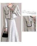 Lady Skirt Suit Elegant Fashion Office OL Tweed Long Sleeve Short Coat + High Waist Big Swing Midi Skirts 2-piece