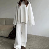 Women's Clothing 2025 Spring New Solid Color Round Neck Fashion Casual Broad Leg Trouser Sweater Set