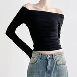 Style Basic Simple Solid Color T-Shirt With Bare Shoulder And Bottom 2023 New Temperament Age-Reducing Blouse-Outfit