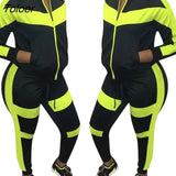 Women Sport Fitness 2 Piece Tracksuit Set Neon Green Stripe Color Block Black Matching Sweatsuit Jacket Jogger Outfit Plus