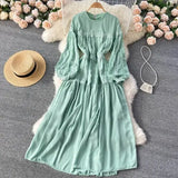 Yellow/Purple/Green Lace Patchwork Long Dress Women Spring Autumn Elegant Round Neck Puff Sleeve High Waist A-Line Party