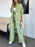 Women's Straight Trousers Two-Piece Solid Fashion Long-Sleeved Jacket Three-Dimensional Pocket