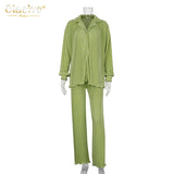 Causal Loose Home Suit Autumn Long Sleeve Blouse With High Wasit Pants Set Women Elegant Pleated Beige 2 Piece Pant