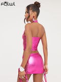 Silver Halter Drawstring 2 Two Piece Sets Summer Outfits For Women 2023 Sexy Hellow Out Mini Skirts Sets Backless