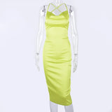 2020 Satin Sleeveless Cross Lace Up Backless Sexy Mid-Calf Dress Women Spaghetti Strap Dresses Club Party Outfits