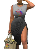 Drawstring Dress Women Fashion Print V-neck Short-sleeved Drawstring Tight Tshirt Dress