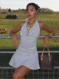 Women's Temperament Simple Pile Tie Stripe Bump Color Hanging Neck Tie Dress