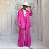 Casual Loose Pink Two Piece Pants Set Women Fashion Long Sleeve Blouses Matching Wide Trousers Suit Lace-Up Pant