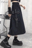 Women Cargo Skirts High Waist Loose A Line Black Midi Skirt Hip Hop Fashion Streetwear Female Pocket