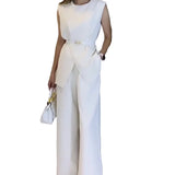Summer New Solid Color Round Collar Sleeveless Top High Waist Broad Leg Pants Two Sets Of