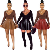 Sexy Nightclub Party Solid Color Leather Swing Mini