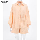 White Elegant Jacquard Fabric Soft Vacation Suits Women Long Sleeves Shirts And Hot Pants Two Pieces Outfits