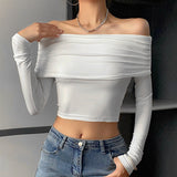 Toloer 2023 New Sexy Hot Girl One-Line Shoulder Slim And Versatile Long-Sleeved T-Shirt