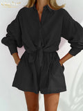Fashion Long Sleeve Shirts Two Piece Sets Womens Outifits Casual Loose Blue Shorts Set Female Elegant Chic Shorts