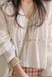 White Blouse Spring Hollow V-neck Blouse Women Fashion Flower Loose Ladies Shirt Korean Sweet Long Sleeve Blusas