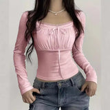 Lace Pleated Chest-Shaped Slim Long-Sleeved T-Shirt 2023 New Style-Outfit
