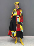 Loose Straight Midi Dresses For Women Lapel Long Sleeve Patchwork Single Breasted Print Casual Dress Female Spring