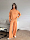 Women Turtleneck Knitted Sweater Set Casual Solid Sweater High Waist Wide Leg Pant Suit 2022 Autumn Fashion Lady Knitwear