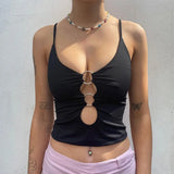 Metal Ring Hollow Out Black Vest Tops Sexy Rave Club Outfits Sleeveless Corsets Cropped Tee Female Summer Tanks