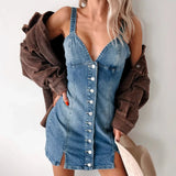 New Buckle Cardigan Denim Dress Sexy Hot Girl Deep V Tie Sling