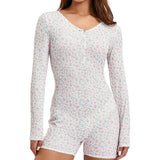 Women Floral Print Short Romper Spring Autumn Clothes V Neck Button-Down Long Sleeve Tight Jumpsuit Female Clothing-Outfit