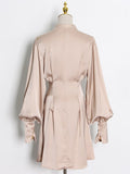 Vintage Plain Dress For Women Stand Collar Loose Long Lantern Sleeve High Waist Mini Dresses Female 2022 Spring