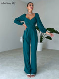 Elegant Women Office Rompers Lantern Sleeve Pleated Wide Legs Jumpsuit Fall Winter 2022 One-Piece Ladies Office