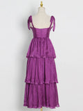 Elegant Solid Women's Dress Square Collar Sleeveless High Waist Patchwork Ruffles Long Dresses Female 2022