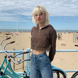 SUCHCUTE Autumn Fashion Women Cropped Sweatshirts 90s Longslive Female Streetwear Brown Aesthetics Zip Up Hoodies