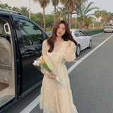 Elegant Sweet Dress Women Long Sleeve Chiffon Floral Dress Party Beach Dress for Females Korean Style 2021 Summer