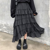 Black Long Skirts Women Gothic High Low Ruched Ruffle High Waist Asymmetrical Midi Skirt Korean Fashion Fairy