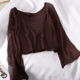 Women Summer Thin Knitting Solid Color O-neck All-match Sun-proof Sexy Flare Sleeve Outerwear Female Tops Simple