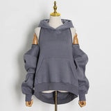 Streetwear Off Shoulder Sweatshirt For Women Hooded Collar Long Sleeve Casual Black Sweatshirts Female Fashion New 425-0-Outfit