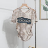 Real Shooting Embroidery With Straight Shoulder Short-Sleeved Mesh T-Shirt Fold Irregular Perspective Hood Top