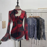 Hollow Tying With Low-Necked Bow Ribbon Dizzy Red Elastic Mesh T-Shirt Top