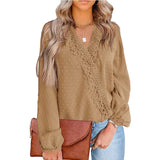 Blouses For Women Fashion Lace Patchwork V Neck Long Sleeve Office Work Shirts Tops Lady Oversized Casual Chiffon