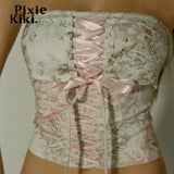 Y2k Summer Tops Cute Sexy Lace Up Crop Top Pink Asthetic Clothes Women Abstract Print Strapless Tanks