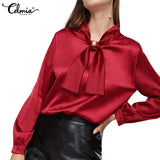 Women Elegant Satin Blouse 2022 Fashion Bow Tie Office Tops Long Sleeve Casual Autumn Slik Shirts Oversized Party