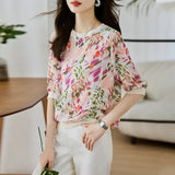 Toloer Shot Round Collar Jacket Women's Short Sleeve 2023 Summer New Thin High-End Hemp Print Temperament Five Sleeve T-Shirt-Outfit