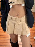y2k Khaki Pleated Skirts Low Waisted Retro Pockets Button Mini Skirts Prepply Retro Super Short Cargo Skirts