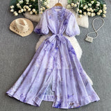 Retro-Print Collar Bubble-Sleeved Dress Women's Summer Straps To The Waists To Show A Thin Swollen