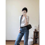 Summer French White Lace Stitching Design Shirt Women Commuting Micro-Rave Jeans Two-Piece