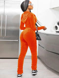 Casual Velvet Zipper Stacked Long Sleeve Top And Pant 2 Piece