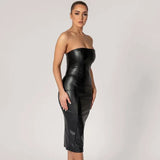 Toloer Color PU Leather Fashion Temperament Slim After The Chest Burst Sexy Long Dress-Outfit