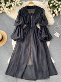 Vintage Women Long Chiffon Blouse Female Elegant Lantern Sleeve High Waist Slim Split Outerwear Blue Tuxedo Shirts Autumn