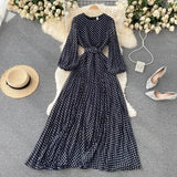 Autumn Women White/Black/Brown Polka Dot Long Dress Vintage Round Neck Puff Sleeve Elegant A-Line Maxi Vestidos Female 2021
