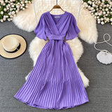 summer new V neck short sleeved dress over the knee slim temperament waist tie big swing pleated Solid Color High