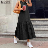 Summer Solid Maxi Dress ZANZEA Sleeveless A Line Robe Fashion Casual Ruffle Dresses Womens Elegant Beach